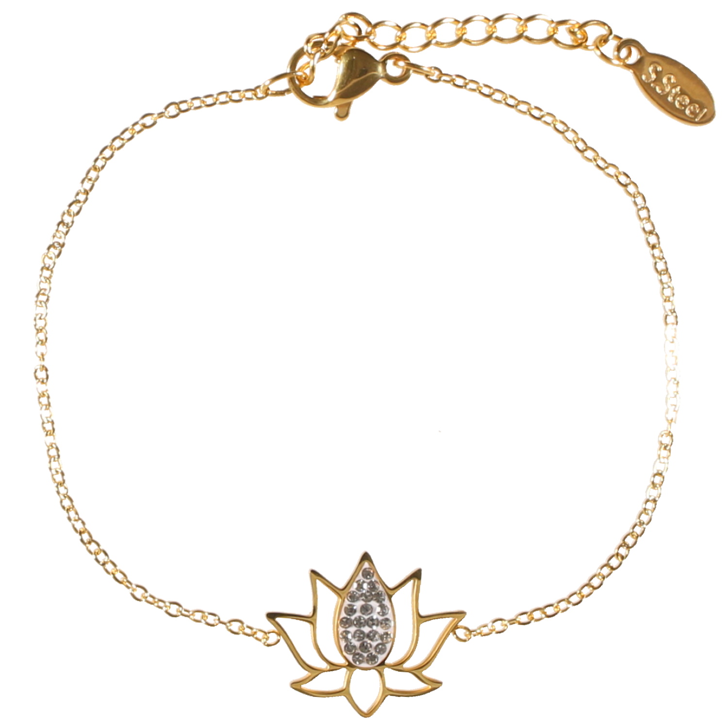 Bracelet composé d'une chaîne et d'une fleur de lotus en acier doré pavée de strass.<br/>Fermoir mousqueton avec 3 cm de rallonge. Strass  Adolescent Adulte Femme Fille Indémodable Nature Symboles 