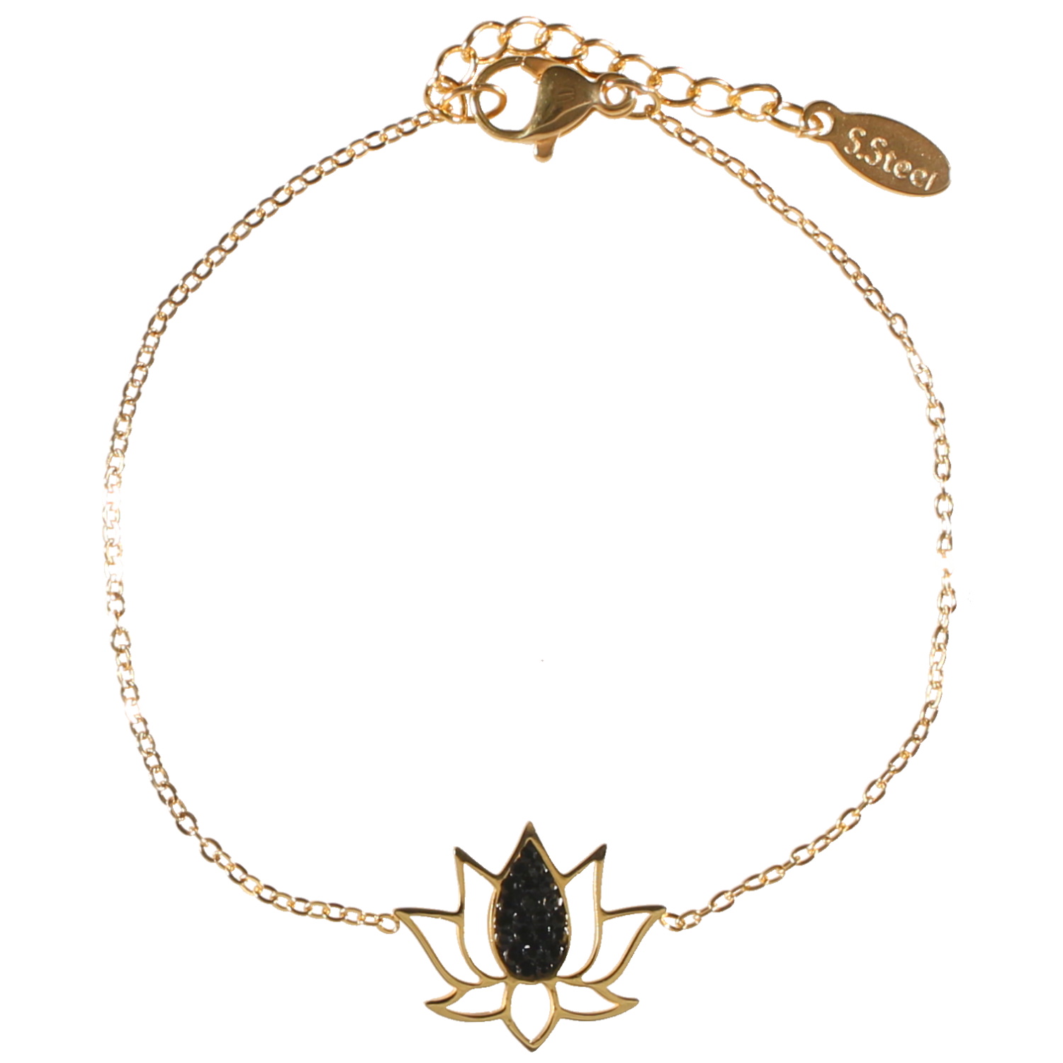 Bracelet composé d'une chaîne et d'une fleur de lotus en acier doré pavée de strass de couleur noire.<br/>Fermoir mousqueton avec 3 cm de rallonge. Strass  Adolescent Adulte Femme Fille Indémodable Nature Symboles 