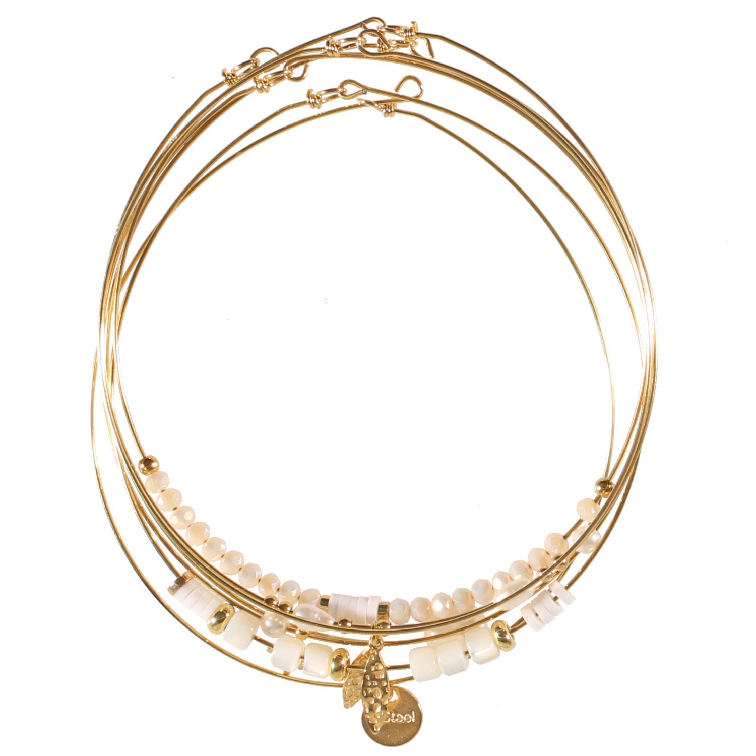 Lot de 7 bracelets joncs fins avec pendants (flocon de neige) et perles en acier doré et perles de couleur blanche et de nacre. Flocon Lot Perle  Adolescent Adulte Femme Fille Indémodable 