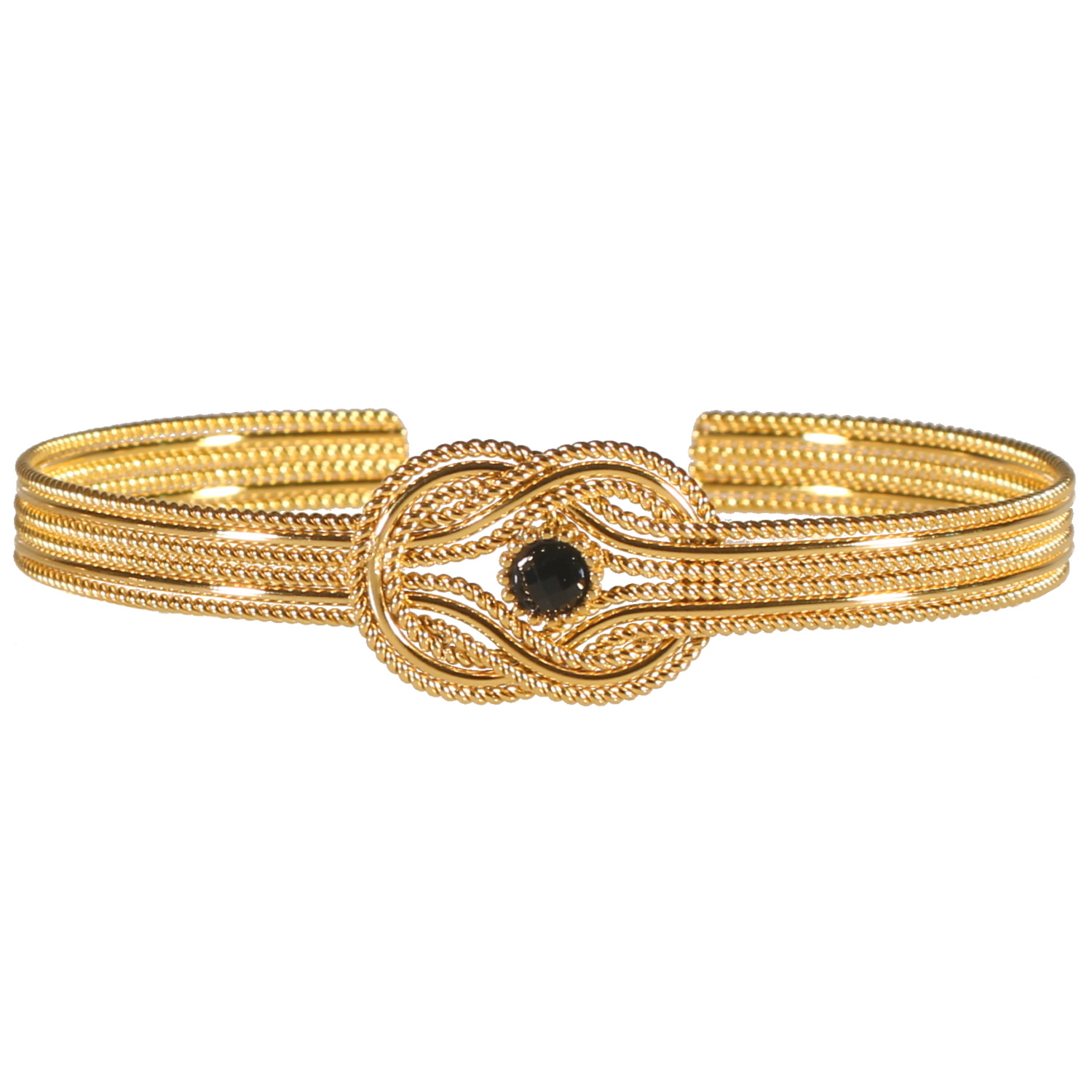 Bracelet jonc ouvert avec anneaux entrelacés en acier doré surmontée d'un cabochon de couleur noire. Jonc Rond  Adolescent Adulte Femme Fille Indémodable 