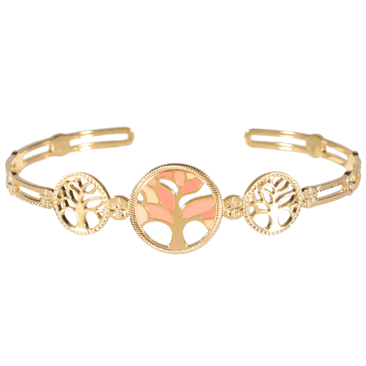 Bracelet jonc ouvert rigide avec médaillons gravés d'une étoile et trois médaillons représentant un arbre de vie en acier doré dont un pavé d'émail de couleur rouge. Arbre Jonc Rigide  Adolescent Adulte Eté Femme Fille Nature Printemps Symboles 