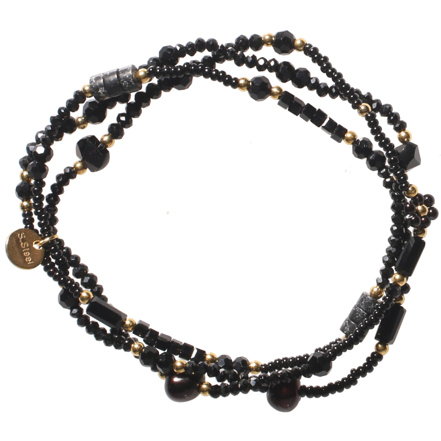 Lot de 3 bracelets élastiques composés de perles en acier doré et de perles de couleur noire. Elastique Lot Perle  Adolescent Adulte Femme Fille Indémodable 