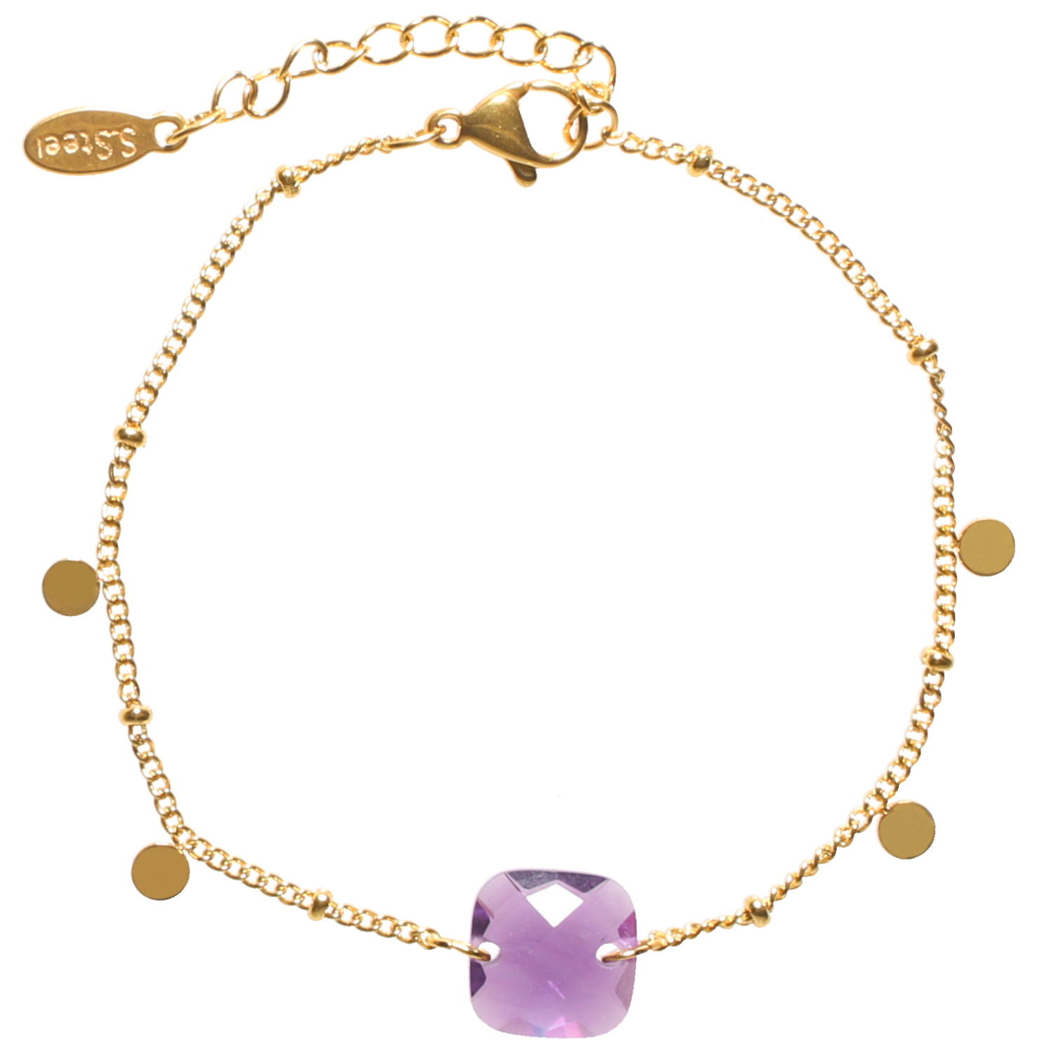 Bracelet composé d'une chaîne avec pampilles rondes en acier doré et d'une pierre de couleur violette de forme carré.<br/>Fermoir mousqueton avec 3 cm de rallonge. Carré Rond  Adolescent Adulte Femme Fille Indémodable 