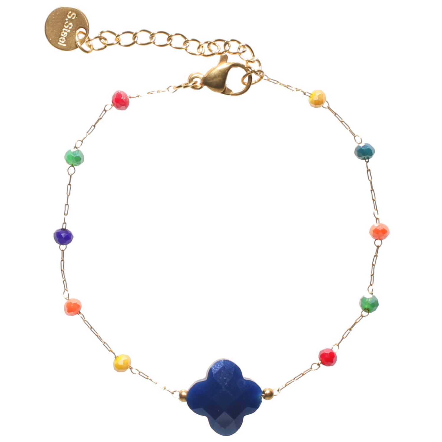 Bracelet composé d'une chaîne en acier doré, de perles multicolores et d'une pierre de couleur bleue.<br/>Fermoir mousqueton avec 3 cm de rallonge. Perle Rond  Adolescent Adulte Automne Femme Fille Hiver 