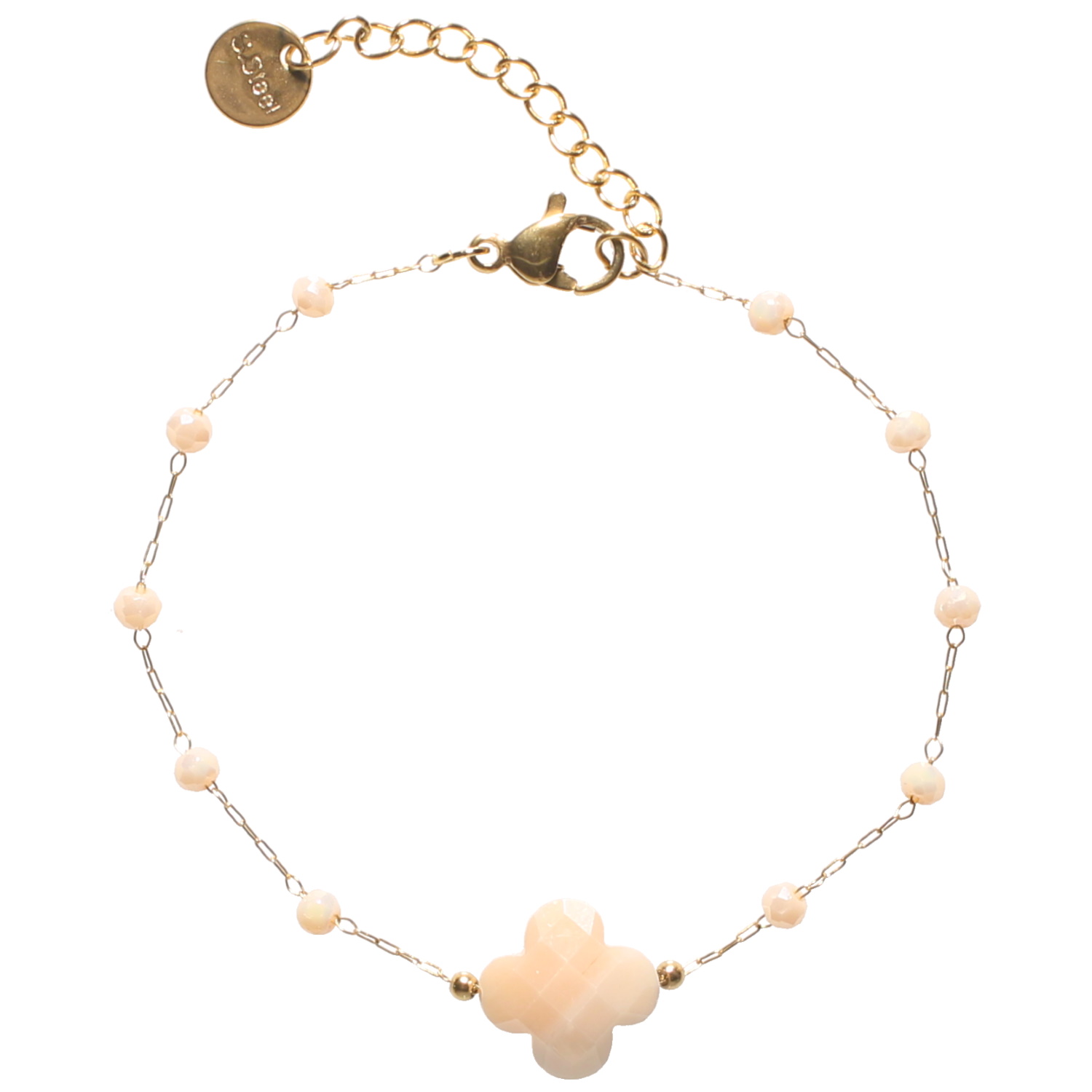 Bracelet composé d'une chaîne en acier doré, de perles et d'une pierre de couleur blanche.<br/>Fermoir mousqueton avec 3 cm de rallonge. Perle Rond  Adolescent Adulte Automne Femme Fille Hiver 