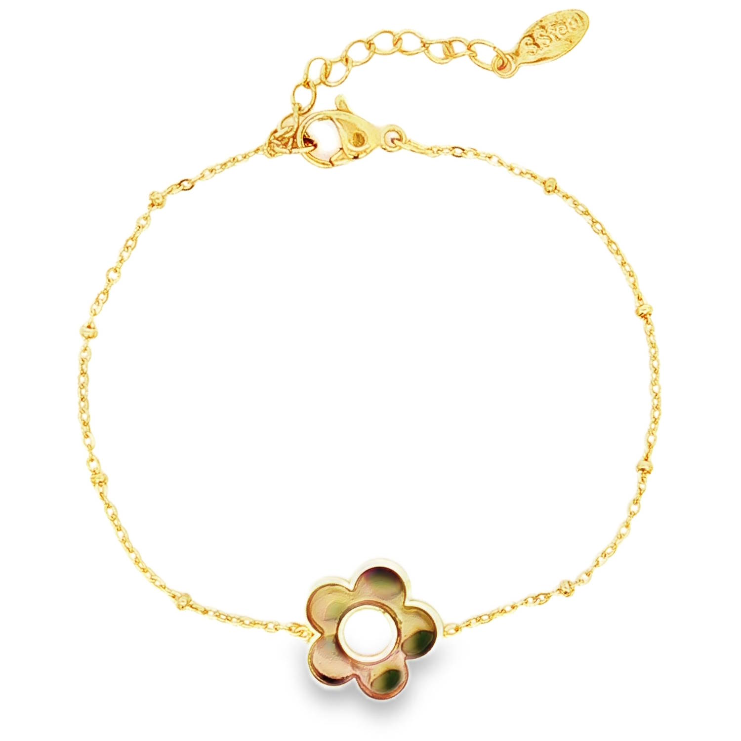 Sublime bracelet chaîne en acier doré, orné d'une délicate pierre tachetée en forme de fleur, taillée en cabochon.<br>Ce bijou apportera une touche d'élégance discrète à votre poignet, parfait pour compléter votre collection de joaillerie avec un éclat doux et raffiné.<br/>Fermoir mousqueton avec 3 cm de rallonge. Adolescent Adulte Femme Fille Fleurs Indémodable Nature Sublime bracelet chaîne en acier doré, orné d'une délicate pierre tachetée en forme de fleur, taillée en cabochon.<br>Ce bijou apportera une touche d'élégance discrète à votre poignet, parfait pour compléter votre collection de joaillerie avec un éclat doux et raffiné.<br/>Fermoir mousqueton avec 3 cm de rallonge. Adolescent Adulte Femme Fille Fleurs Indémodable Nature