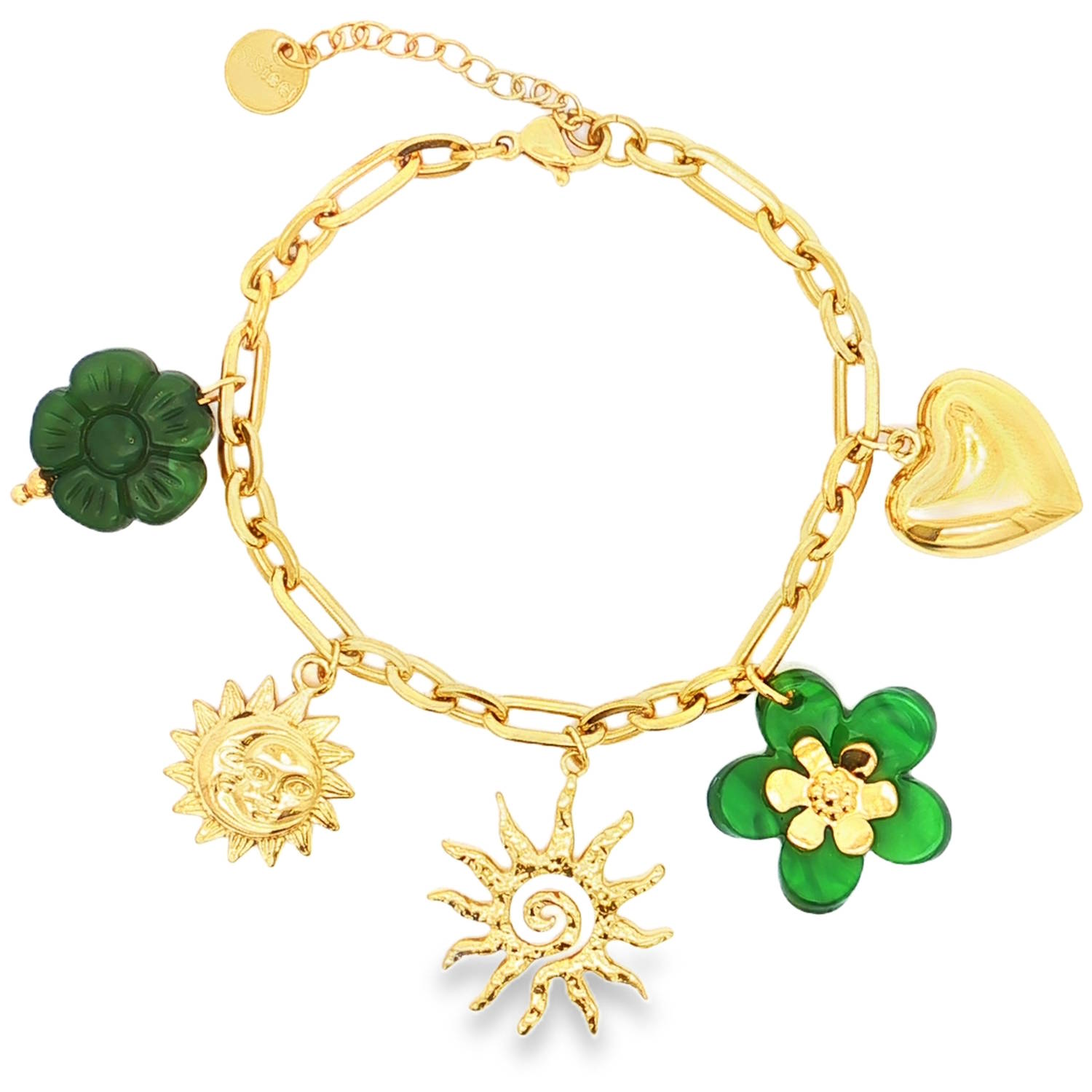 Illuminez votre style avec ce charmant bracelet en acier doré.<br/>Les breloques fantaisistes, incluant un cœur doré, une fleur verte, et des soleils rayonnants, apportent une touche ludique et ensoleillée.<br/>Idéal pour ajouter une note d'originalité à votre quotidien ou pour offrir un cadeau pétillant et mémorable.<br/>Fermoir mousqueton avec 3 cm de rallonge. Coeur Soleil Adolescent Adulte Amour Femme Fille Fleurs Indémodable Nature Illuminez votre style avec ce charmant bracelet en acier doré.<br/>Les breloques fantaisistes, incluant un cœur doré, une fleur verte, et des soleils rayonnants, apportent une touche ludique et ensoleillée.<br/>Idéal pour ajouter une note d'originalité à votre quotidien ou pour offrir un cadeau pétillant et mémorable.<br/>Fermoir mousqueton avec 3 cm de rallonge. Coeur Soleil Adolescent Adulte Amour Femme Fille Fleurs Indémodable Nature