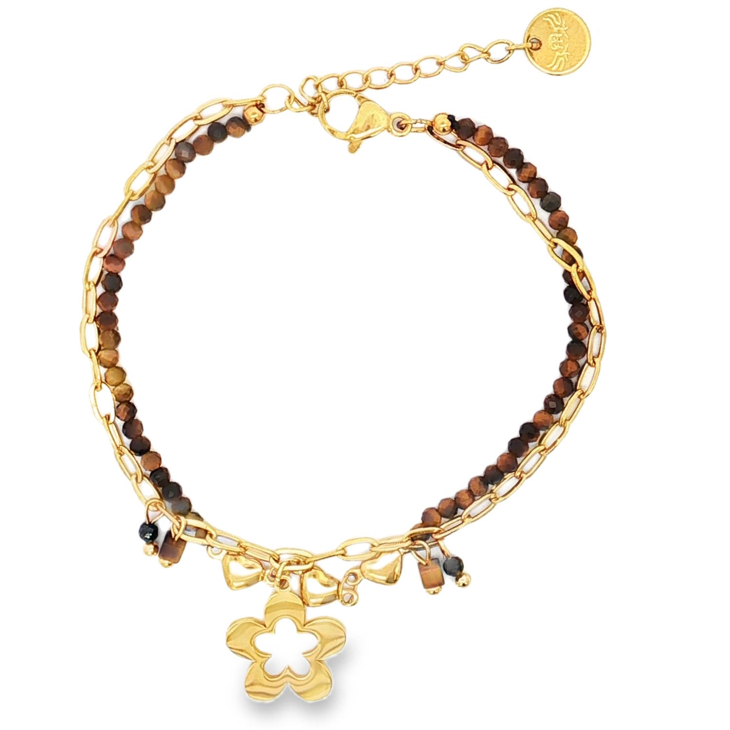 Ce bracelet double rangs charmant en acier doré est une pièce délicate et élégante.<br/>Composé d'une chaîne fine et orné d'un motif floral ajouré et d'une chaîne de perles marrons, ce bracelet apportera une touche de féminité et de raffinement à votre poignet.<br/>Idéal pour compléter une tenue de jour ou pour une occasion spéciale.<br/>Fermoir mousqueton avec 3 cm de rallonge. Coeur Multirangs Adolescent Adulte Amour Femme Fille Fleurs Indémodable Nature Ce bracelet double rangs charmant en acier doré est une pièce délicate et élégante.<br/>Composé d'une chaîne fine et orné d'un motif floral ajouré et d'une chaîne de perles marrons, ce bracelet apportera une touche de féminité et de raffinement à votre poignet.<br/>Idéal pour compléter une tenue de jour ou pour une occasion spéciale.<br/>Fermoir mousqueton avec 3 cm de rallonge. Coeur Multirangs Adolescent Adulte Amour Femme Fille Fleurs Indémodable Nature