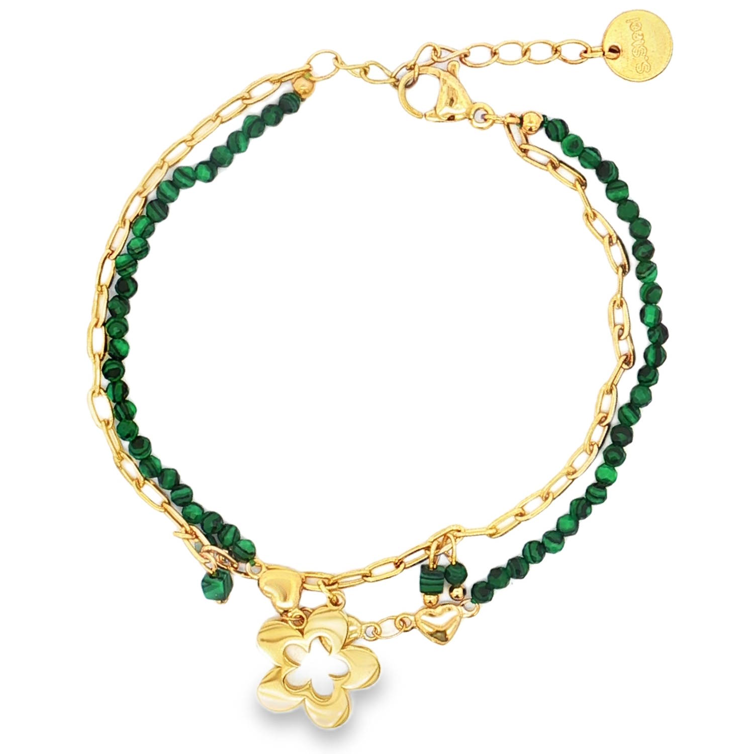 Ce charmant bracelet en acier doré offre un design délicat avec une chaîne ornée de perles de malachite verte d'imitation.<br/>La malachite, taillée en cabochon rond, révèle des nuances riches et profondes, capturant la lumière avec élégance.<br/>Un bijou raffiné, idéal pour ajouter une touche de couleur et de sophistication à votre collection.<br/>Fermoir mousqueton avec 3 cm de rallonge. Coeur Multirangs Perle Adolescent Adulte Amour Femme Fille Fleurs Indémodable Nature Ce charmant bracelet en acier doré offre un design délicat avec une chaîne ornée de perles de malachite verte d'imitation.<br/>La malachite, taillée en cabochon rond, révèle des nuances riches et profondes, capturant la lumière avec élégance.<br/>Un bijou raffiné, idéal pour ajouter une touche de couleur et de sophistication à votre collection.<br/>Fermoir mousqueton avec 3 cm de rallonge. Coeur Multirangs Perle Adolescent Adulte Amour Femme Fille Fleurs Indémodable Nature