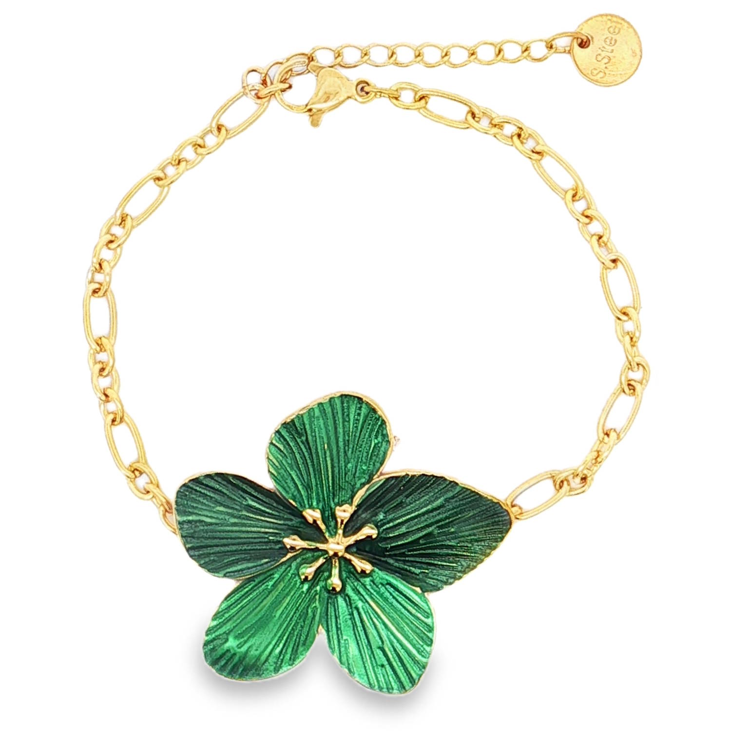 Ce bracelet chaîne en acier doré présente un design délicat et raffiné.<br/>La chaîne est fabriquée en acier doré étincelant et ornée d'un motif floral captivant.<br/>Portez ce bracelet pour ajouter une touche de luxe et de sophistication à votre style quotidien.<br/>Fermoir mousqueton avec 3 cm de rallonge. Adolescent Adulte Femme Fille Fleurs Hiver Indémodable Nature Ce bracelet chaîne en acier doré présente un design délicat et raffiné.<br/>La chaîne est fabriquée en acier doré étincelant et ornée d'un motif floral captivant.<br/>Portez ce bracelet pour ajouter une touche de luxe et de sophistication à votre style quotidien.<br/>Fermoir mousqueton avec 3 cm de rallonge. Adolescent Adulte Femme Fille Fleurs Hiver Indémodable Nature