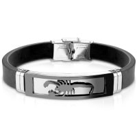 Bracelet en silicone avec motif du scorpion en acier argenté et de couleur noire. 