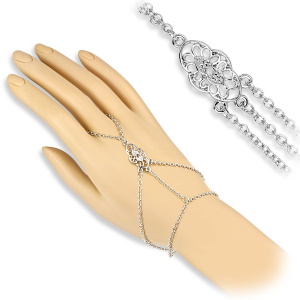 Bracelet bague composé d'une chaîne en métal argenté et d'un motif en filigrane. Fermoir mousqueton avec 3 cm de rallonge.