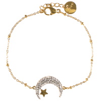 Bracelet composé d'une chaîne en acier doré et d'un croissant de lune pavé de strass surmonté d'une étoile en acier doré. Fermoir mousqueton avec 2 cm de rallonge.