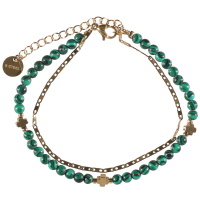 Bracelet double rangs composé d'une chaîne en acier doré, ainsi qu'un bracelet de perles d'imitation malachite et de trois croix en acier doré. Fermoir mousqueton avec 5 cm de rallonge.