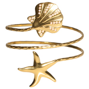 Bracelet manchette double rangs avec une étoile de mer en acier doré et un coquillage pavé de perles d'imitation.