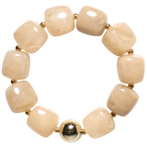 Bracelet élastique composé de perles et d'une boule en acier doré et de perles cubiques de couleur marron.