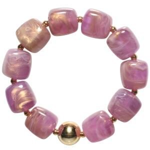 Bracelet élastique composé de perles et d'une boule en acier doré et de perles cubiques de couleur violette.
