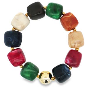 Ce bracelet élastique à perles, orné de touches dorées, présente une variété de couleurs harmonieuses. Les perles, de forme cubique, offrent un contraste moderne et élégant. Parfait pour ajouter une touche de couleur discrète à votre quotidien, ce bracelet est un accessoire polyvalent qui s'adapte à tous les styles.