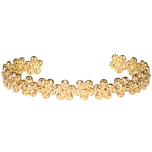 Bracelet jonc ouvert composé de fleurs en acier doré.
