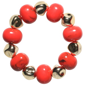 Bracelet élastique composé de perles difformes de couleur doré et de perles ovales de couleur rouge.