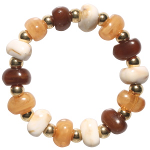 Bracelet élastique composé de perles en acier doré et de perles de couleur marron, dorée et blanche.