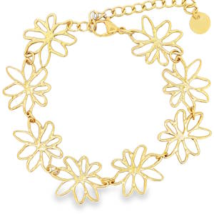 Ce délicat bracelet chaîne en acier doré offre une esthétique florale raffinée. Chaque fleur, finement travaillée, apporte une touche de féminité et de lumière. Sa conception légère et élégante en fait un accessoire parfait pour sublimer votre poignet au quotidien. Fermoir mousqueton avec 3 cm de rallonge.