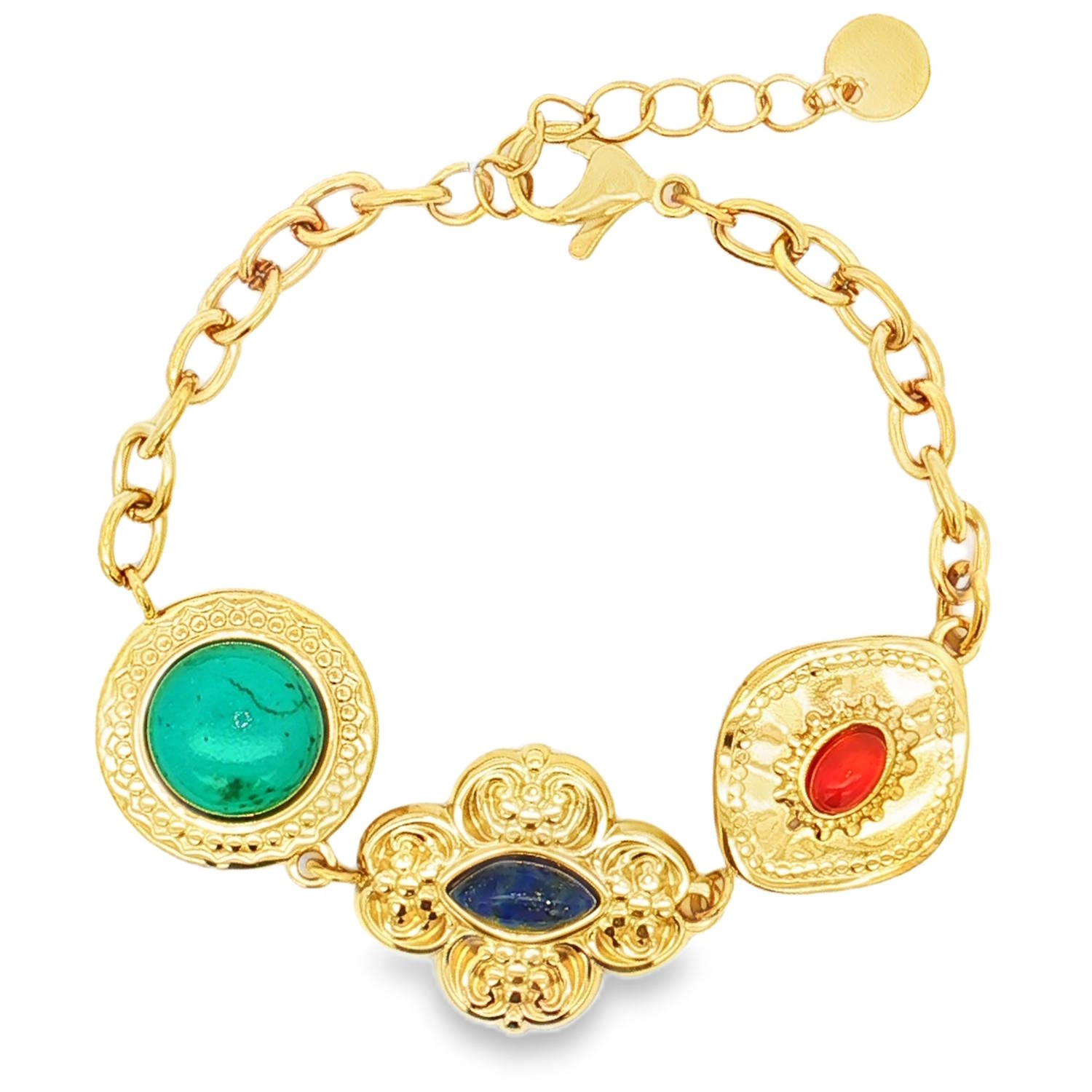 Ce bracelet chaîne en acier doré se distingue par son élégance classique et sa touche de couleur vibrante.<br/>Il est orné d'une turquoise d'imitation ronde taillée en cabochon, captivant par son bleu-vert intense.<br/>Ce bijou raffiné est idéal pour ajouter une note sophistiquée à toute tenue.<br/>Fermoir mousqueton avec 3 cm de rallonge. Rond Adolescent Adulte Femme Fille Indémodable Ce bracelet chaîne en acier doré se distingue par son élégance classique et sa touche de couleur vibrante.<br/>Il est orné d'une turquoise d'imitation ronde taillée en cabochon, captivant par son bleu-vert intense.<br/>Ce bijou raffiné est idéal pour ajouter une note sophistiquée à toute tenue.<br/>Fermoir mousqueton avec 3 cm de rallonge. Rond Adolescent Adulte Femme Fille Indémodable