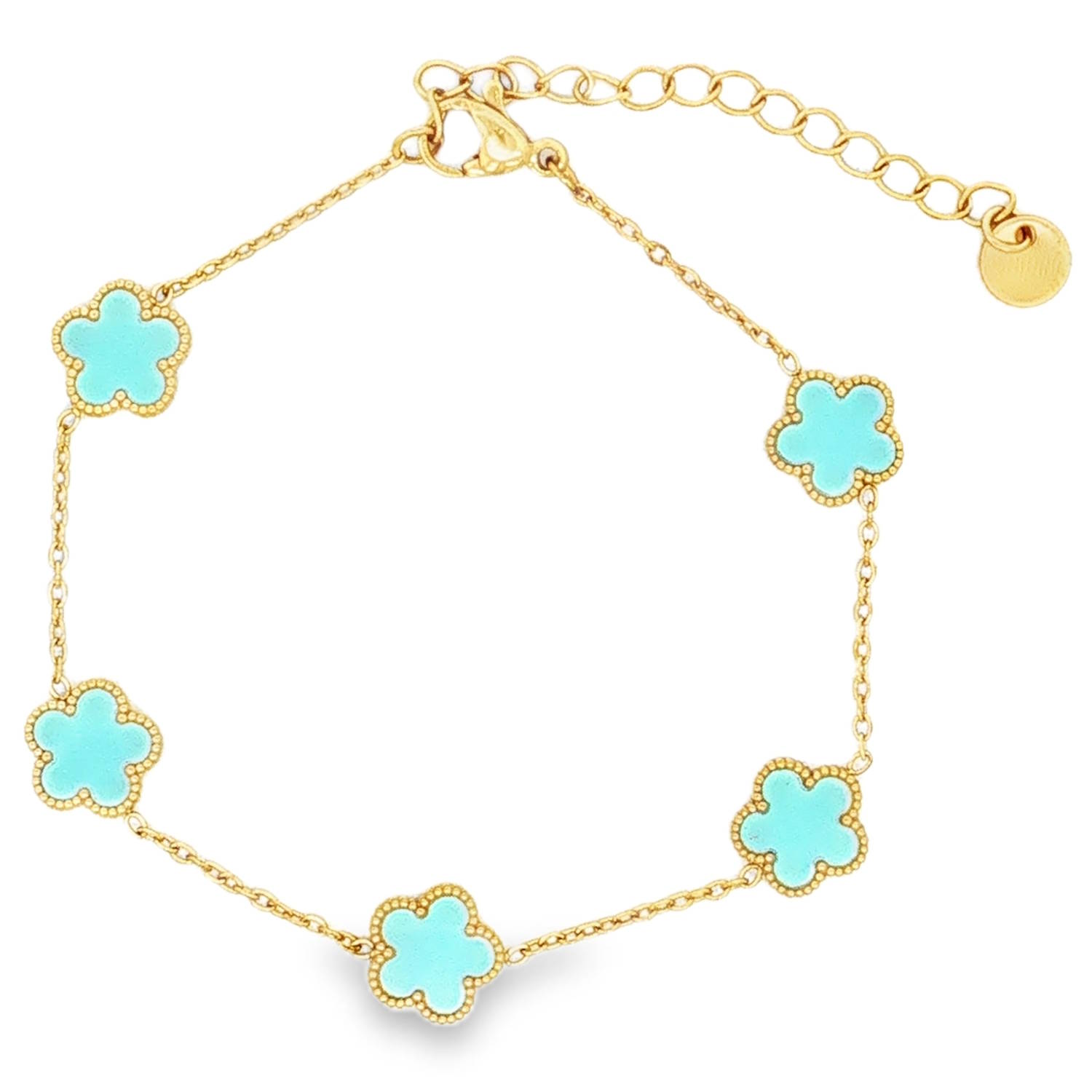Ce bracelet en acier inoxydable doré allie délicatesse et fraîcheur printanière. C'est l'accessoire idéal pour ajouter une touche de couleur et d'élégance à votre poignet.<br/>Le bracelet se compose d'une fine chaîne en maille forçat dorée, rythmée par cinq charms en forme de fleurs. Chaque fleur présente un cœur de couleur bleu turquoise, encadré par une bordure perlée qui souligne le relief et apporte une finition raffinée.<br/>Équipé d'une chaînette d'extension permettant de régler la longueur pour l'adapter parfaitement à toutes les morphologies de poignet. Adolescent Adulte Femme Fille Fleurs Indémodable Nature Ce bracelet en acier inoxydable doré allie délicatesse et fraîcheur printanière. C'est l'accessoire idéal pour ajouter une touche de couleur et d'élégance à votre poignet.<br/>Le bracelet se compose d'une fine chaîne en maille forçat dorée, rythmée par cinq charms en forme de fleurs. Chaque fleur présente un cœur de couleur bleu turquoise, encadré par une bordure perlée qui souligne le relief et apporte une finition raffinée.<br/>Équipé d'une chaînette d'extension permettant de régler la longueur pour l'adapter parfaitement à toutes les morphologies de poignet. Adolescent Adulte Femme Fille Fleurs Indémodable Nature