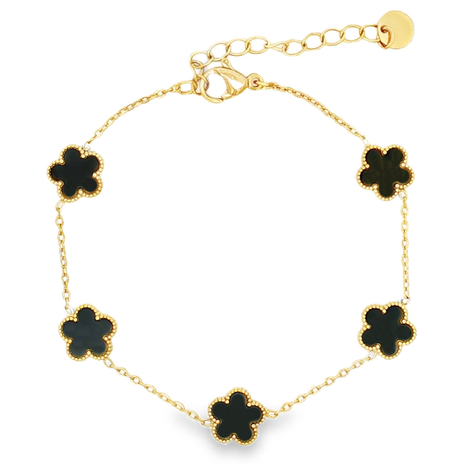 Ce bracelet allie élégance intemporelle et robustesse.<br/>Ce bracelet se distingue par son allure à la fois sophistiquée et moderne. Il est composé d'une chaîne fine et délicate en acier, ponctuée de cinq motifs de fleurs à cinq pétales.<br/>Chaque motif est orné d'un insert central d'un noir profond, rappelant l'onyx, qui contraste magnifiquement avec la dorure.<br/>Équipé d'une chaînette d'extension permettant de régler la longueur pour l'adapter parfaitement à toutes les morphologies de poignet. Adolescent Adulte Femme Fille Fleurs Indémodable Nature Ce bracelet allie élégance intemporelle et robustesse.<br/>Ce bracelet se distingue par son allure à la fois sophistiquée et moderne. Il est composé d'une chaîne fine et délicate en acier, ponctuée de cinq motifs de fleurs à cinq pétales.<br/>Chaque motif est orné d'un insert central d'un noir profond, rappelant l'onyx, qui contraste magnifiquement avec la dorure.<br/>Équipé d'une chaînette d'extension permettant de régler la longueur pour l'adapter parfaitement à toutes les morphologies de poignet. Adolescent Adulte Femme Fille Fleurs Indémodable Nature
