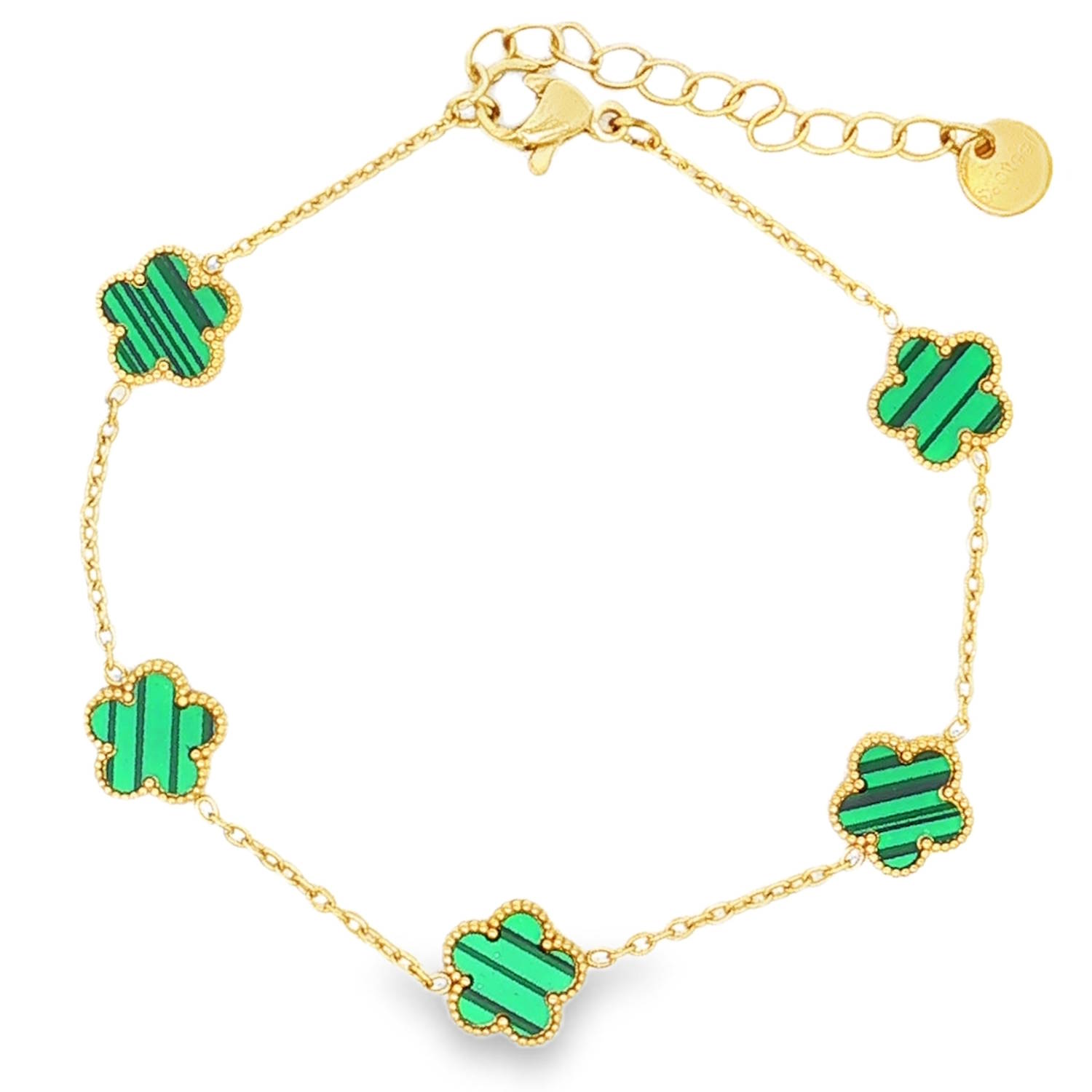 Ce bracelet allie élégance intemporelle et robustesse.<br/>Ce bracelet se distingue par son allure à la fois sophistiquée et moderne. Il est composé d'une chaîne fine et délicate en acier, ponctuée de cinq motifs de fleurs à cinq pétales.<br/>Chaque motif est serti d'un insert d'un vert intense avec des veinures horizontales noires, imitant l'aspect naturel et luxueux de la malachite.<br/>Équipé d'une chaînette d'extension permettant de régler la longueur pour l'adapter parfaitement à toutes les morphologies de poignet. Adolescent Adulte Femme Fille Fleurs Indémodable Nature Ce bracelet allie élégance intemporelle et robustesse.<br/>Ce bracelet se distingue par son allure à la fois sophistiquée et moderne. Il est composé d'une chaîne fine et délicate en acier, ponctuée de cinq motifs de fleurs à cinq pétales.<br/>Chaque motif est serti d'un insert d'un vert intense avec des veinures horizontales noires, imitant l'aspect naturel et luxueux de la malachite.<br/>Équipé d'une chaînette d'extension permettant de régler la longueur pour l'adapter parfaitement à toutes les morphologies de poignet. Adolescent Adulte Femme Fille Fleurs Indémodable Nature