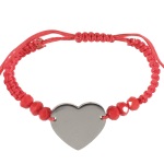 Bracelet fantaisie avec cordon en textile, pierres de couleur rouge et coeur en métal argenté.