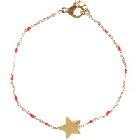 Bracelet composé d'une chaîne avec une étoile en acier doré et de perles en émail de couleur rouge. Fermoir mousqueton avec 4 cm.