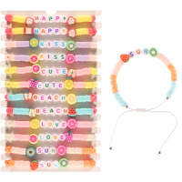 Bracelet fantaisie composé d'un cordon en coton, des perles en forme de fruits, des perles cylindriques en caoutchouc multicolore et des perles rondes avec des lettres pour les mots HAPPY, KISS, CUTE, BEACH, LOVE, SUN. 12 modèles différents. Vendu à l'unité. Votre préférence en commentaire.