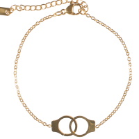 Bracelet composé d'une chaîne et de menottes en acier doré. Fermoir mousqueton avec 4 cm de rallonge.