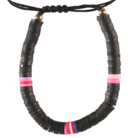 Bracelet fantaisie composé d'un cordon en coton de couleur noir et de perles cylindriques heishi en résine synthétique et caoutchouc multicolore.