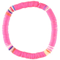 Bracelet fantaisie élastique composé de perles cylindriques heishi en résine synthétique et caoutchouc multicolore et de couleur rose fluo.