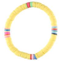 Bracelet fantaisie élastique composé de perles cylindriques heishi en résine synthétique et caoutchouc multicolore et de couleur jaune.