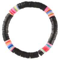Bracelet fantaisie élastique composé de perles cylindriques heishi en résine synthétique et caoutchouc multicolore et de couleur noir.