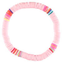 Bracelet fantaisie élastique composé de perles cylindriques heishi en résine synthétique et caoutchouc multicolore et de couleur rose.