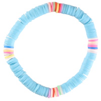 Bracelet fantaisie élastique composé de perles cylindriques heishi en résine synthétique et caoutchouc multicolore et de couleur bleu.