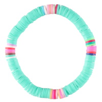 Bracelet fantaisie élastique composé de perles cylindriques heishi en résine synthétique et caoutchouc multicolore et de couleur vert.