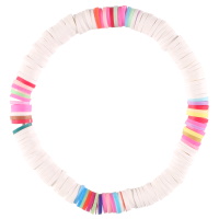 Bracelet fantaisie élastique composé de perles cylindriques heishi en résine synthétique et caoutchouc multicolore et de couleur blanc.