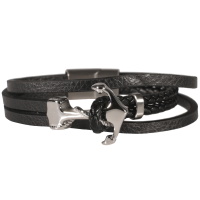 Bracelet multi rangs pour homme en cuir avec une ancre en acier argenté.