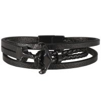 Bracelet multi rangs pour homme en cuir de couleur noir avec une ancre en acier noir.
