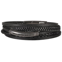 Bracelet multi rangs pour homme en cuir de couleur noir avec un tube en acier argenté avec motifs et strass de couleur noir.