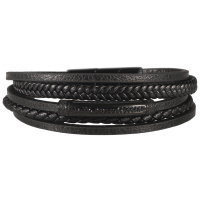 Bracelet multi rangs pour homme en cuir de couleur noir avec un tube en acier noir avec motifs et strass de couleur noir.