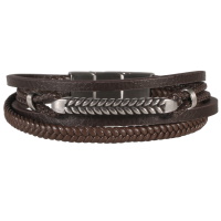 Bracelet multi rangs pour homme en cuir de couleur marron avec une branche de laurier en acier argenté.