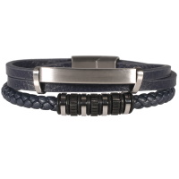 Bracelet multi rangs pour homme en cuir de couleur bleu avec une plaque en acier argenté et rondelles en caoutchouc et acier argenté.