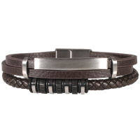 Bracelet multi rangs pour homme en cuir de couleur marron avec une plaque en acier argenté et rondelles en caoutchouc noir et acier argenté.