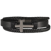 Bracelet multi rangs pour homme en cuir de couleur noir avec une croix en acier argenté.